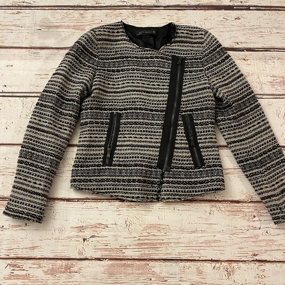 Zara Woman Women's Black Beige Cotton Blend Tweed Blazer Jacket Size M EUC!‎